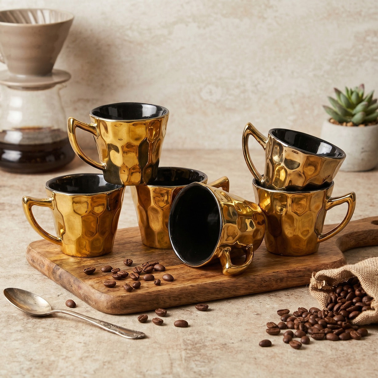 Luxury Gold Ceramic Coffee Mug Set of 6 | Premium Glossy Tea & Coffee Cups | Modern Drinkware by Urban Clay Craft
