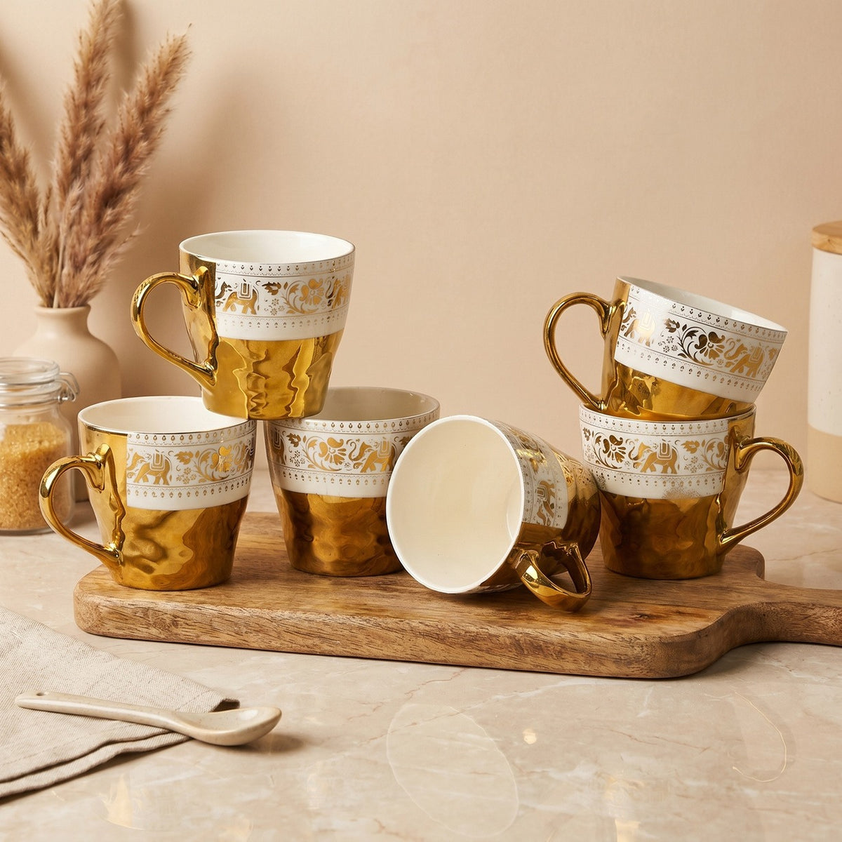 Urban Clay Craft Premium Golden White Ceramic Coffee Mug Set with Elegant Elephant Floral Pattern | Luxury Tea & Coffee Cups for Home, Office & Gifting