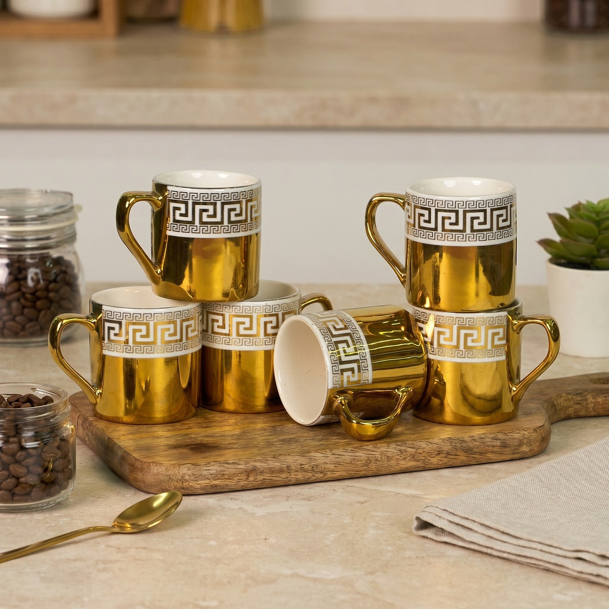 Urban Clay Craft Premium Golden White Ceramic Coffee Mug Set with Greek Key Pattern | Luxury Tea & Coffee Cups for Home, Office, Café & Gifting