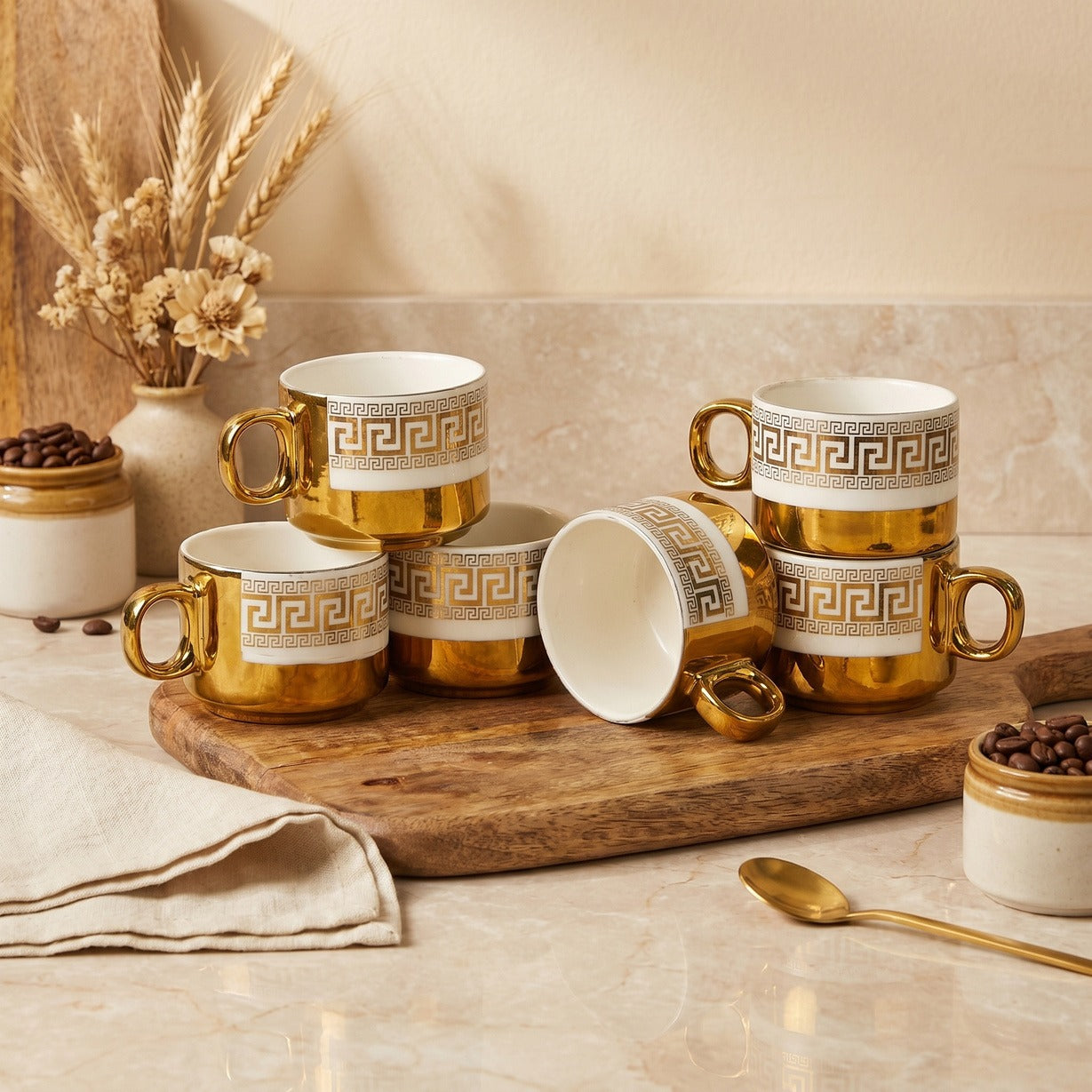 Urban Clay Craft Premium Golden White Ceramic Coffee Mug Set with Greek Key Pattern | Luxury Tea & Coffee Cups for Home, Office, Café & Gifting