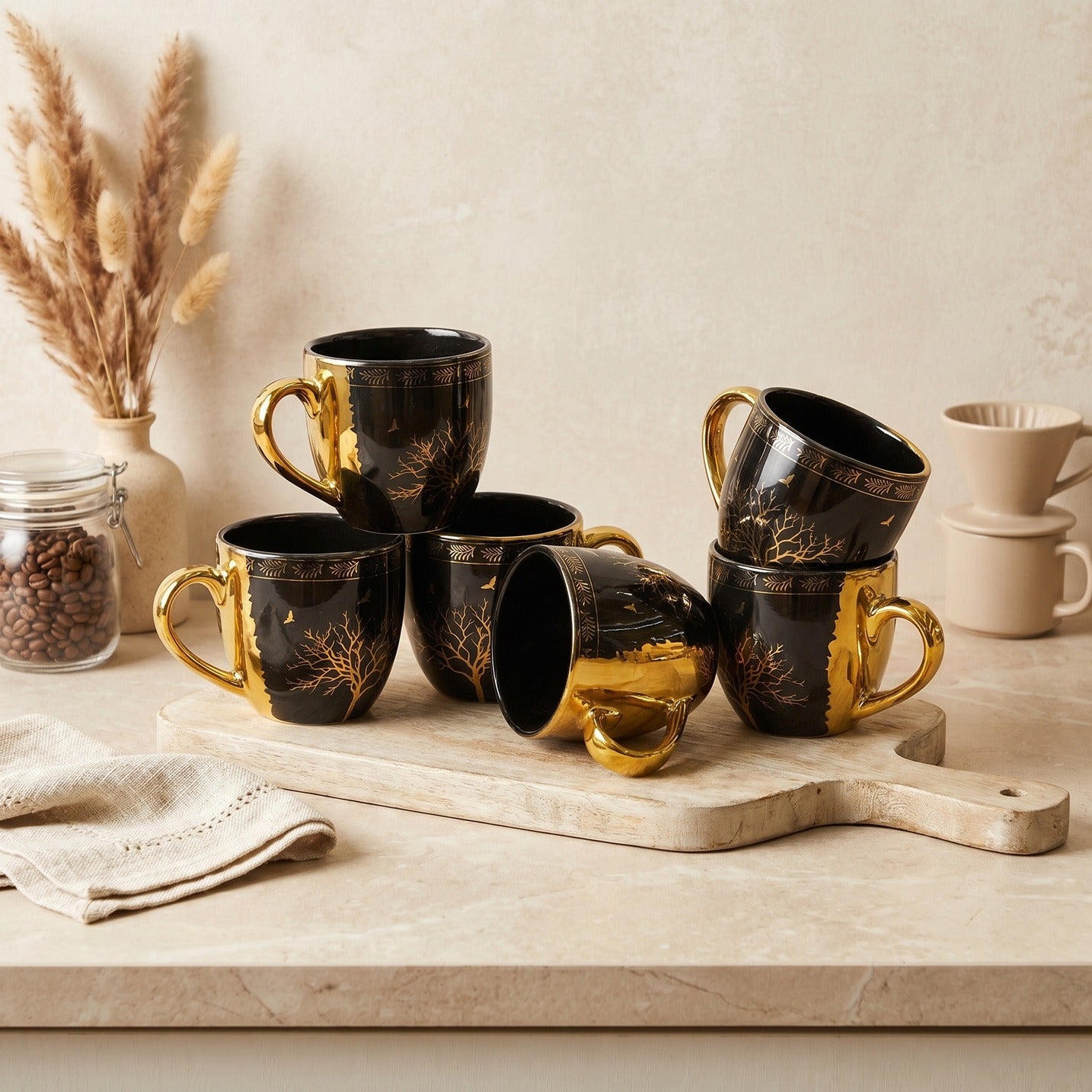Urban Clay Craft Premium Black Ceramic Coffee Mug Set with Golden Tree Design | Luxury Tea & Coffee Cups for Home, Office, Café & Gifting
